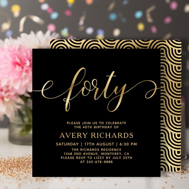 Invitación Elegante 40 Guión de Oro Negro 40 cumpleaños (Subido por el creador)