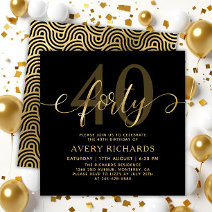 Invitación Elegante 40 Guión de Oro Negro 40 cumpleaños