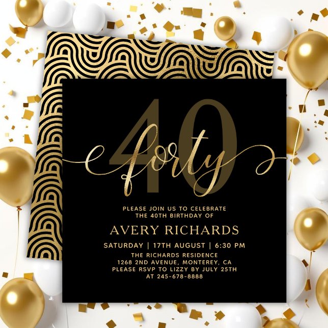 Invitación Elegante 40 Guión de Oro Negro 40 cumpleaños (Subido por el creador)