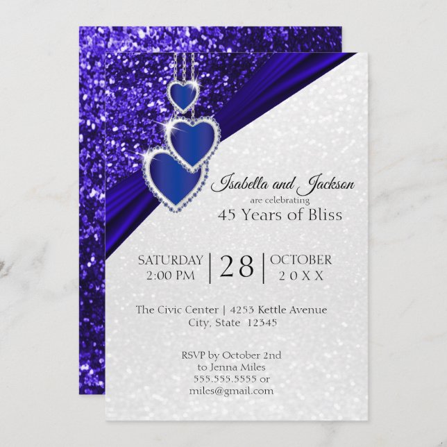 Invitación Elegante 45 o 65 Aniversario de Sapphire Glitter (Anverso / Reverso)