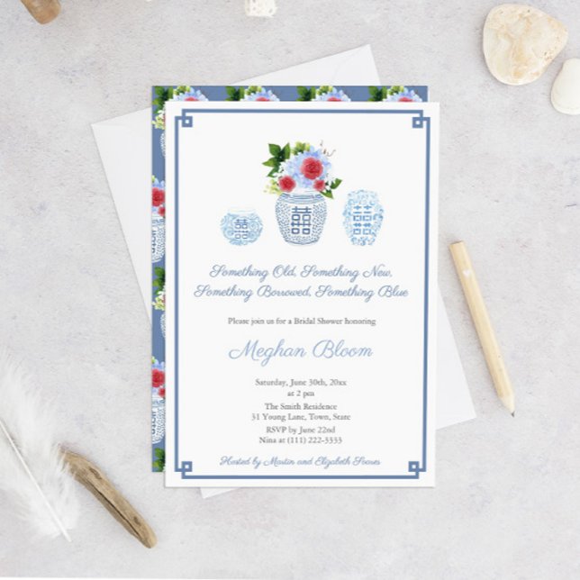 Invitación Elegante 4 De Julio Algo De Ducha Bridal Azul (Something Old New Borrowed Blue With A July 4th Twist; Hints Of Red And White)