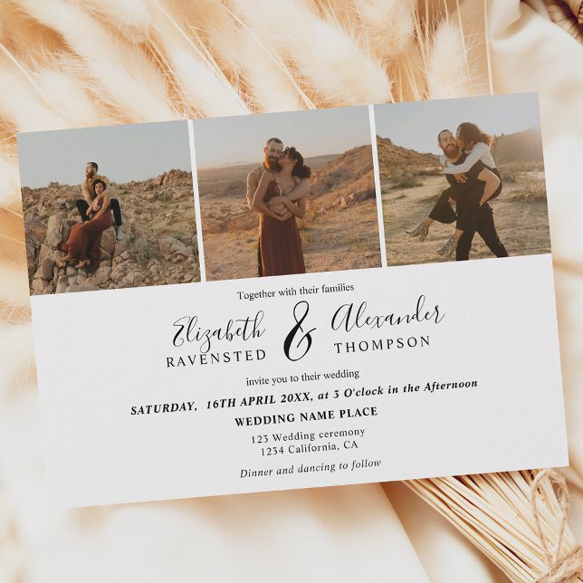 Invitación Elegante 4 Fotos boda de escritura moderna blanco  (Subido por el creador)