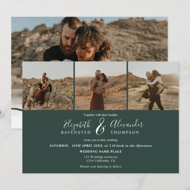 Invitación Elegante 4 Fotos boda de escritura moderno verde (Anverso / Reverso)