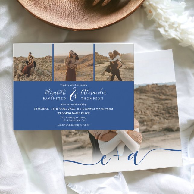 Invitación Elegante 4 Fotos escritura moderna boda blanco azu (Elegant 4 Photos modern script wedding blue white Invitation)