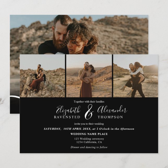 Invitación Elegante 4 Fotos escritura moderna boda blanco neg (Anverso / Reverso)