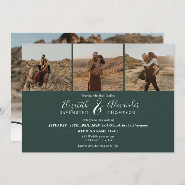 Invitación Elegante 4 Fotos moderno guión boda verde (Anverso / Reverso)