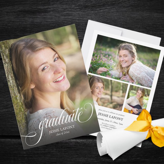 Invitación Elegante 4 Graduación de guión de caligrafía fotog (Elegant 4 custom photo script callligraphy college graduation invitation )