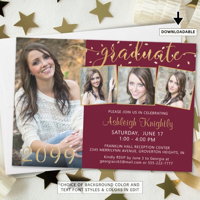 Invitación Elegante 4 Photo Graduate Maroon Gold Confetti (Subido por el creador)