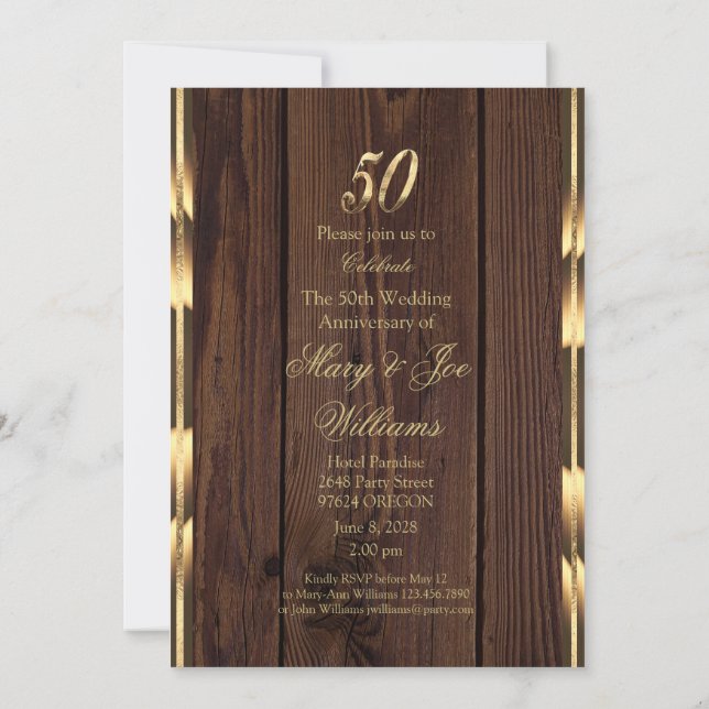 Invitación Elegante 50º Aniversario de Boda Oro Madera Rústic (Reverso)