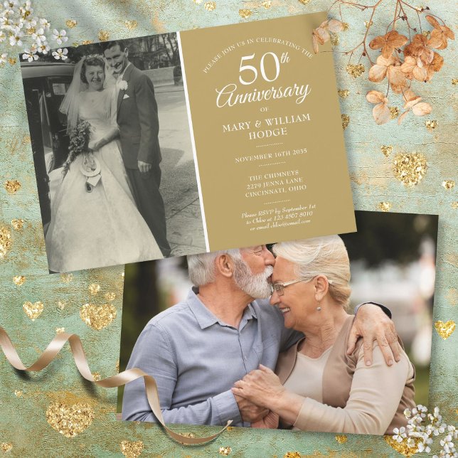 Invitación Elegante 50º Aniversario de Bodas de Oro 2 Fotos (Elegant 50th Golden Wedding Anniversary 2 Photo Invitation)