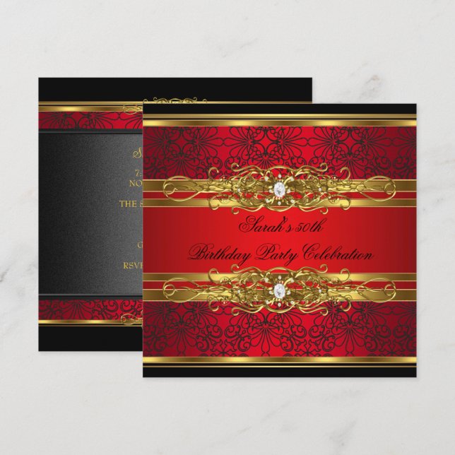 Invitación Elegante 50º Partido de Cumpleaños Red Black Gold  (Anverso / Reverso)