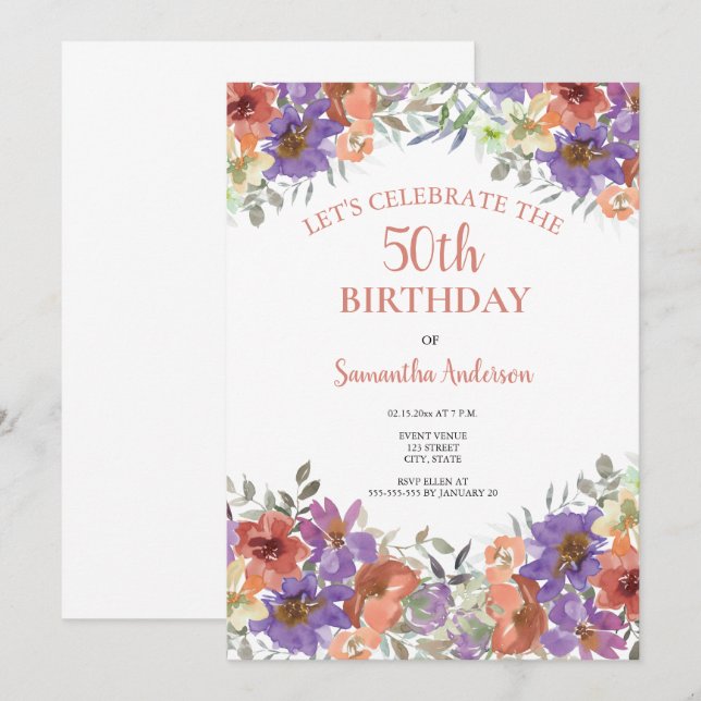 Invitación Elegante 50.ª acuarela Floral (Anverso / Reverso)