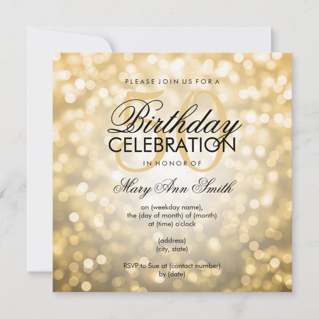 Invitación Elegante 50.ª Fiesta de Cumpleaños Luces Purpurina (Anverso)