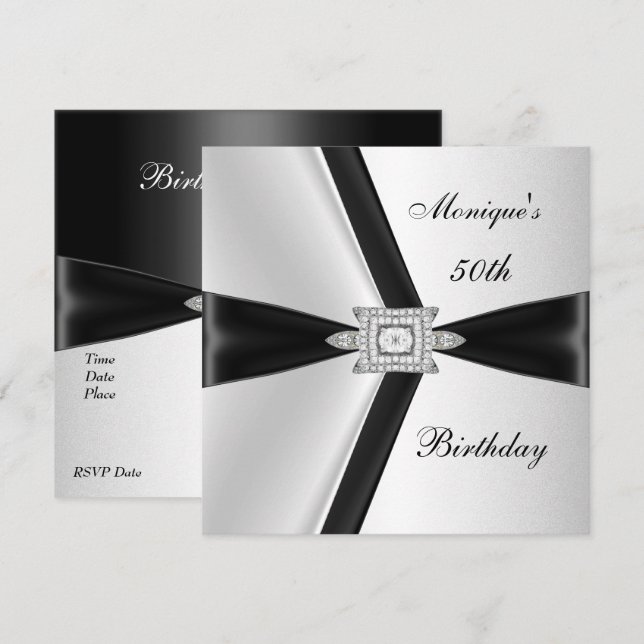 Invitación Elegante 50.º cumpleaños Diamante Blanco Negro (Anverso / Reverso)