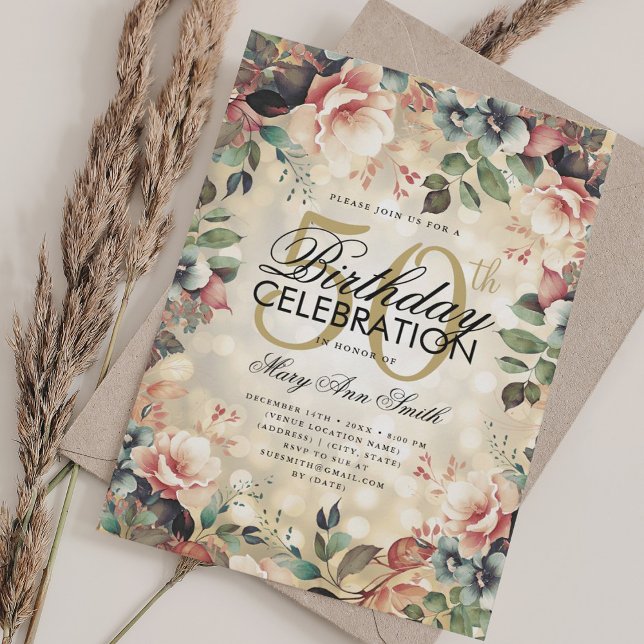 Invitación Elegante 50.º cumpleaños Glam Gold Floral Luces (Elegant 50th Birthday Glam Gold Floral Lights Invitation)