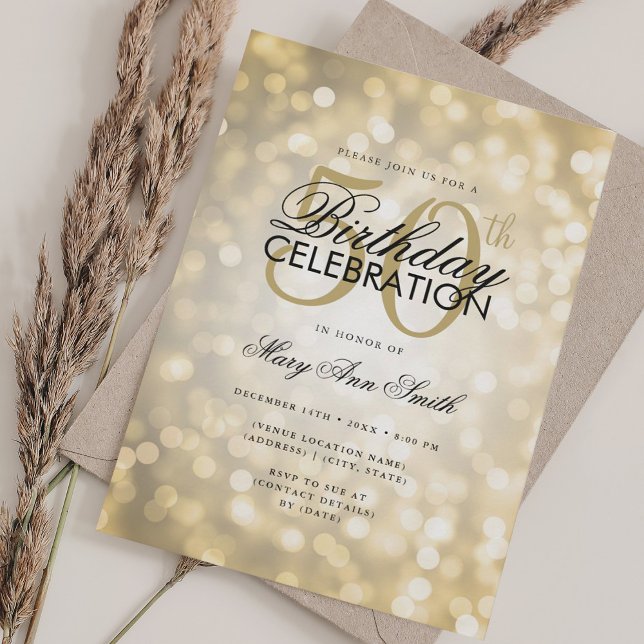 Invitación Elegante 50.º Día Glam Luces Luminosas Luminosas L (Elegant 50th Birthday Glam Gold Shimmer Lights Invitation)