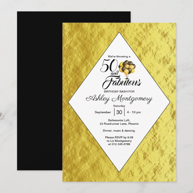 Invitación Elegante 50.º Relieve metalizado dorado de cumplea (Anverso / Reverso)