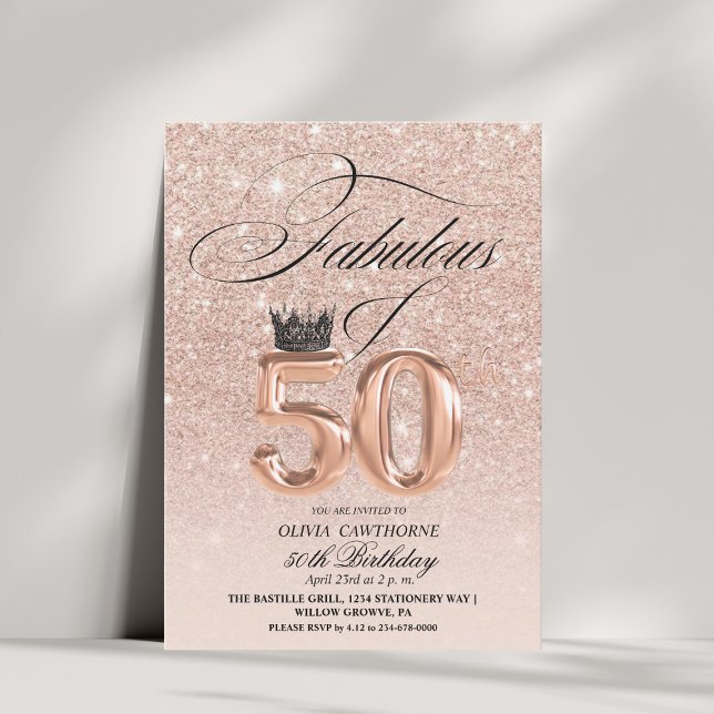 Invitación Elegante 50.º y fabuloso Rosa de cumpleaños Foto d (Subido por el creador)