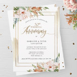 Invitación Elegante 50 aniversario Boda Floral acuarela<br><div class="desc">Celebra la alegría de tu 50 aniversario (u otro número) con esta hermosa y elegante invitación de aniversario! Diseño con delicadas manchas de color beige dorado colgadas detrás de marcos dorados con exquisitos ramos de flores acuarelas que enmarcan los detalles del aniversario. Posibilidad de personalizar de la invitación a cualquier...</div>