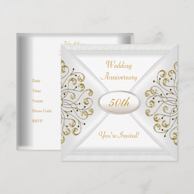 Invitación Elegante 50° Aniversario Boda Oro Blanco (Anverso / Reverso)