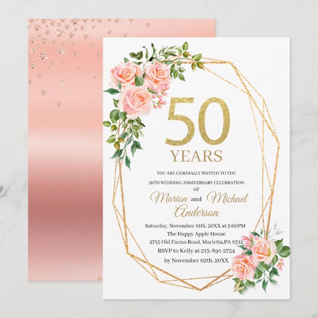 Invitación Elegante 50 aniversario de boda acuarela brillo (Anverso / Reverso)