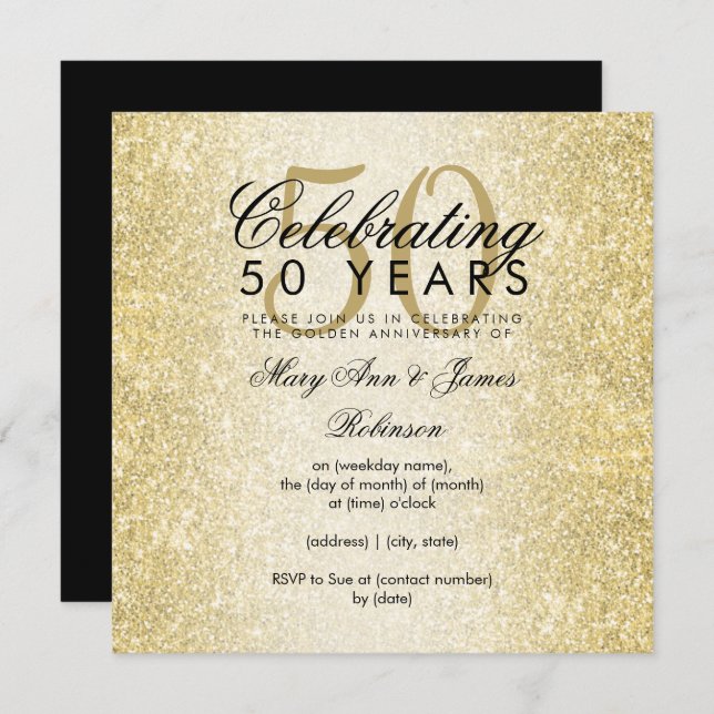 Invitación Elegante 50 Aniversario de Boda Brillante Oro (Anverso / Reverso)