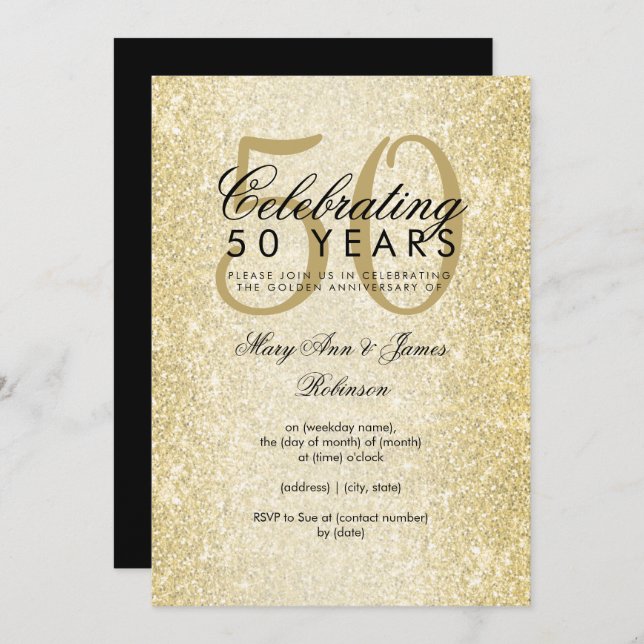 Invitación Elegante 50 Aniversario de Boda Brillante Oro (Anverso / Reverso)