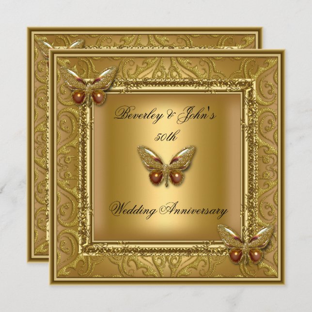 Invitación Elegante 50 Aniversario de Boda Damask dorado (Anverso / Reverso)