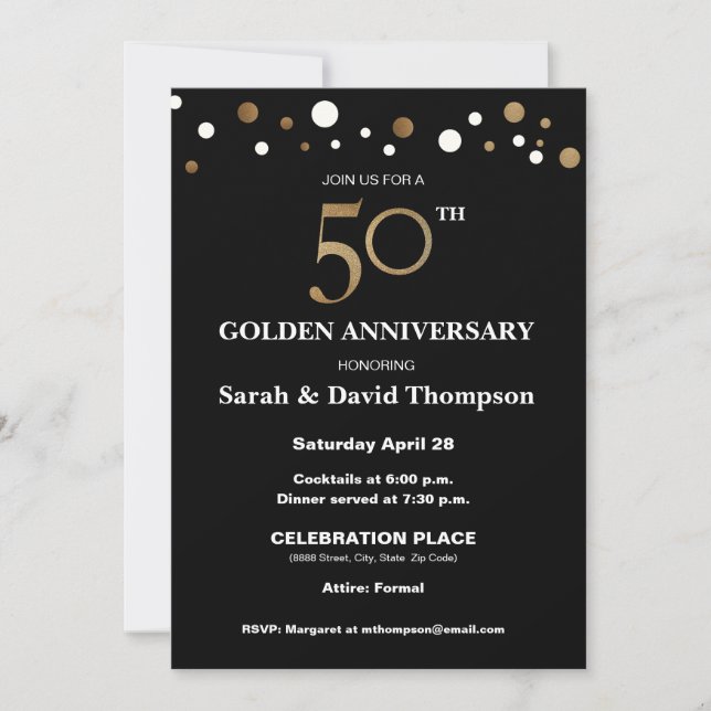Invitación Elegante 50 Aniversario de Bodas Dorado y negro (Anverso)