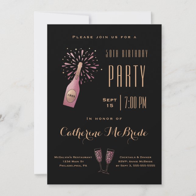 Invitación Elegante 50 aniversario fiesta de cumpleaños Black (Anverso)