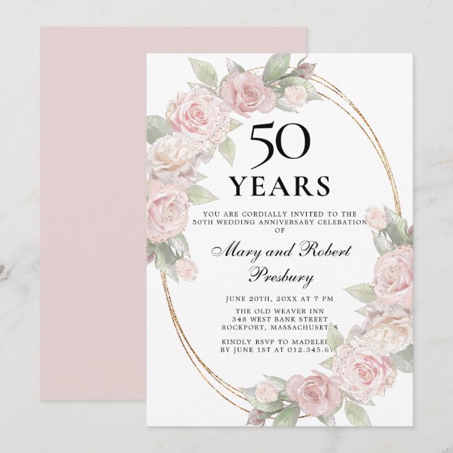Invitación Elegante 50° aniversario Floral rosa rosa (Anverso / Reverso)