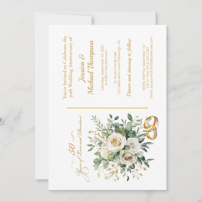 Invitación Elegante 50 Aniversario Roses Blancos Anillos de O (Anverso)