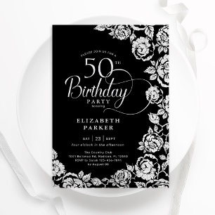 Invitación Elegante 50 años Rosas de Plata Negra