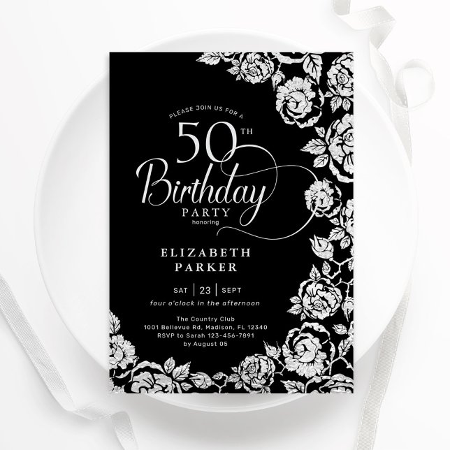Invitación Elegante 50 años Rosas de Plata Negra (Subido por el creador)