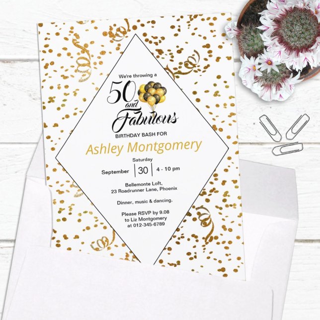 Invitación Elegante 50 cumpleaños Confetti de oro negro texto (Subido por el creador)