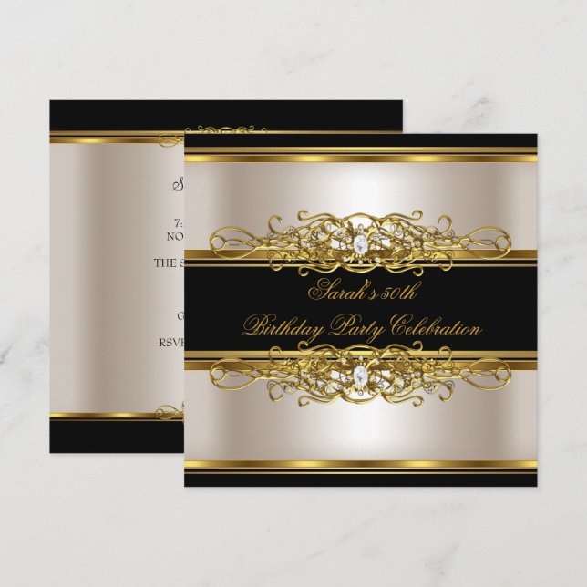 Invitación Elegante 50 cumpleaños crema de oro negro (Anverso / Reverso)