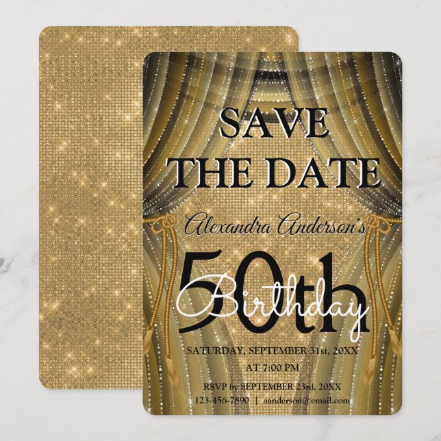 Invitación Elegante 50 cumpleaños Esparkle de oro y negro (Anverso / Reverso)