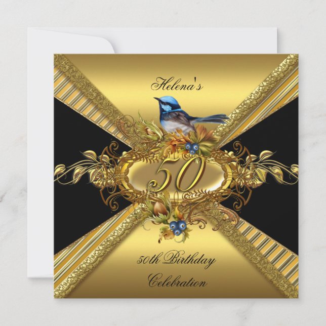 Invitación Elegante 50 cumpleaños fiesta BlueBird Gold Black (Anverso)