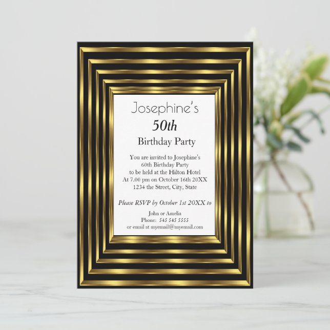 Invitación Elegante 50 cumpleaños fiesta de oro blanco negro (Anverso de pie)