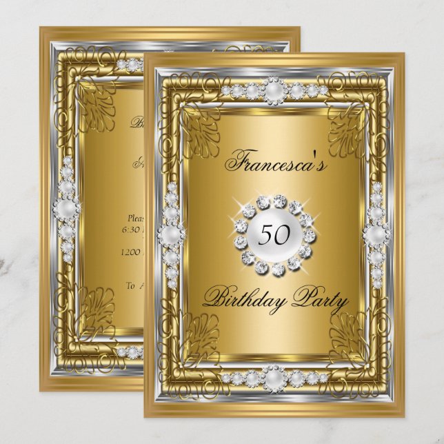 Invitación Elegante 50° cumpleaños Fiesta de oro diamantes de (Anverso / Reverso)