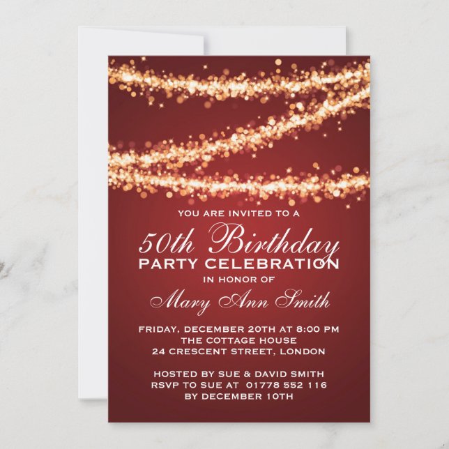 Invitación Elegante 50 cumpleaños Fiesta de oro luces rojo (Anverso)