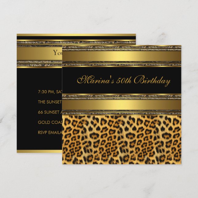 Invitación Elegante 50 cumpleaños fiesta de oro negro Cheetah (Anverso / Reverso)
