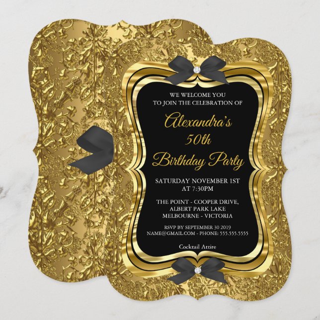 Invitación Elegante 50 cumpleaños fiesta de oro negro dorado  (Anverso / Reverso)