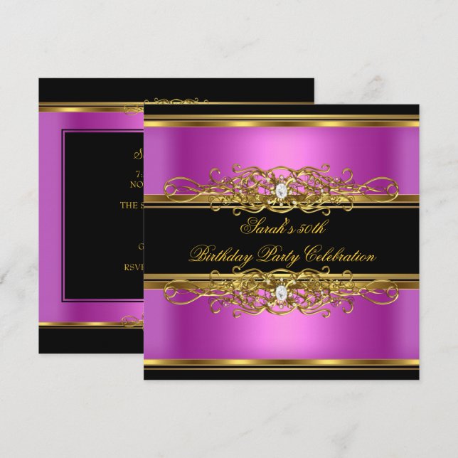 Invitación Elegante 50 cumpleaños Fiesta de oro Negro rosado (Anverso / Reverso)