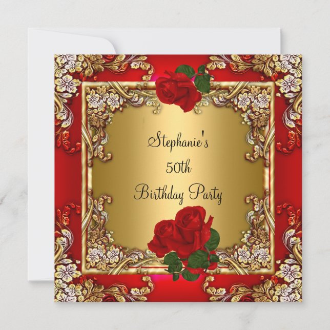 Invitación Elegante 50 cumpleaños fiesta de oro Rosa Roja (Anverso)