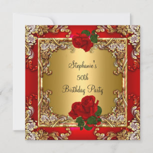 Invitación Elegante 50 cumpleaños fiesta de oro Rosa Roja