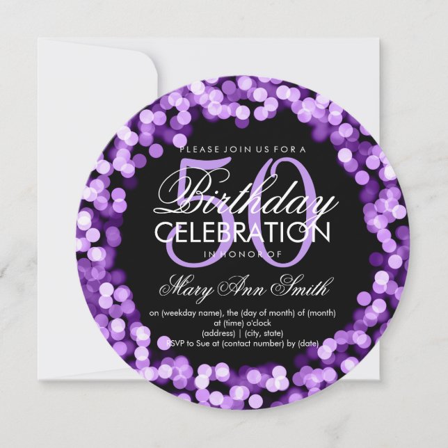 Invitación Elegante 50° cumpleaños iluminando violeta (Anverso)