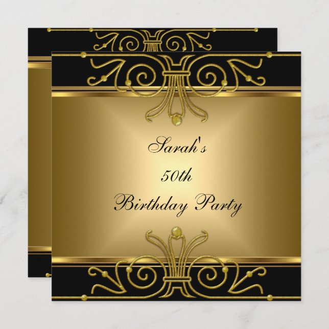 Invitación Elegante 50 cumpleaños oro negro Art Deco (Anverso / Reverso)