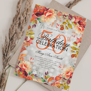 Invitación Elegante 50 cumpleaños Plata otoño Floral de otoño