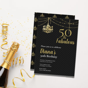 Invitación Elegante 50 & Fab 50 Cumpleaños Candilador Dorado